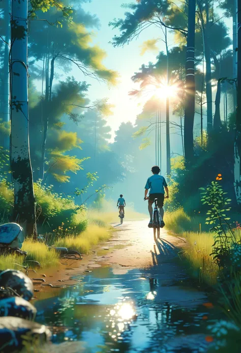 (bike: 1.5), (realistic bike: 1.5), (realistic cyclist: 1.5), cyclist back in foreground, lofi landscape, nature, sun, forest, c...