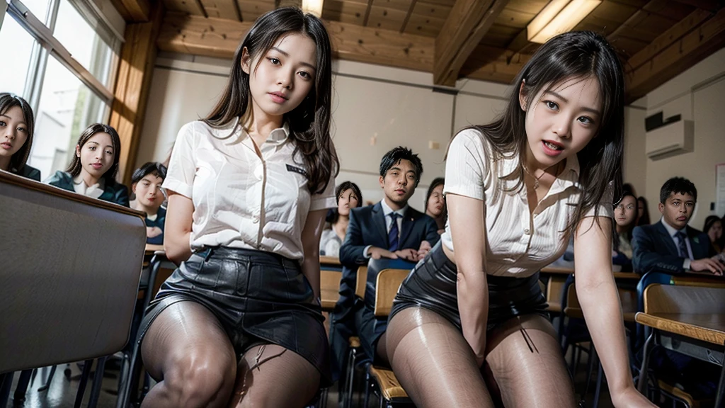 Female teacher pisses、Female teacher urinates at student graduation ceremony、Pee leak、peeing herself、A lot of pee、From below、Gaze at the audience、Black Suit、mini skirt、pantyhose、High heels、Perfect figure、Very beautiful、Japanese elementary school teacher、学校の体育館で卒業式を取り行っている最中に女教師がPee leak、A female teacher is surrounded by students、Shy expression、Ecstatic expression、Point slightly upwards