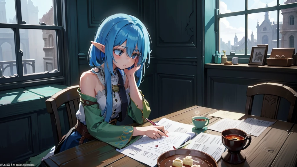 Create an anime and light novel style image of a grand, dilapidated castle room with a worn wooden table in the center. Seated at the table are Aslan, a young male elf with white hair partially covering her eyes and a {slender physique}, and Elizabeth, a tall and {strong half-elf girl} with vibrant blue hair. They are sharing a simple, improvised cake, adding a touch of warmth to the scene. The room, though in ruins, exudes a serene and melancholic atmosphere. Broken windows allow a gentle breeze to flow through, with soft light filtering in, casting a subtle glow that creates a fleeting moment of peace and hope amidst the ruins. Both characters should be dressed in fantasy era attire that complements their features and adds to the overall magical ambiance., 