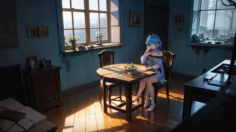 create an anime and light novel style image of a grand, dilapidated castle room with a worn wooden table in the center. seated a...