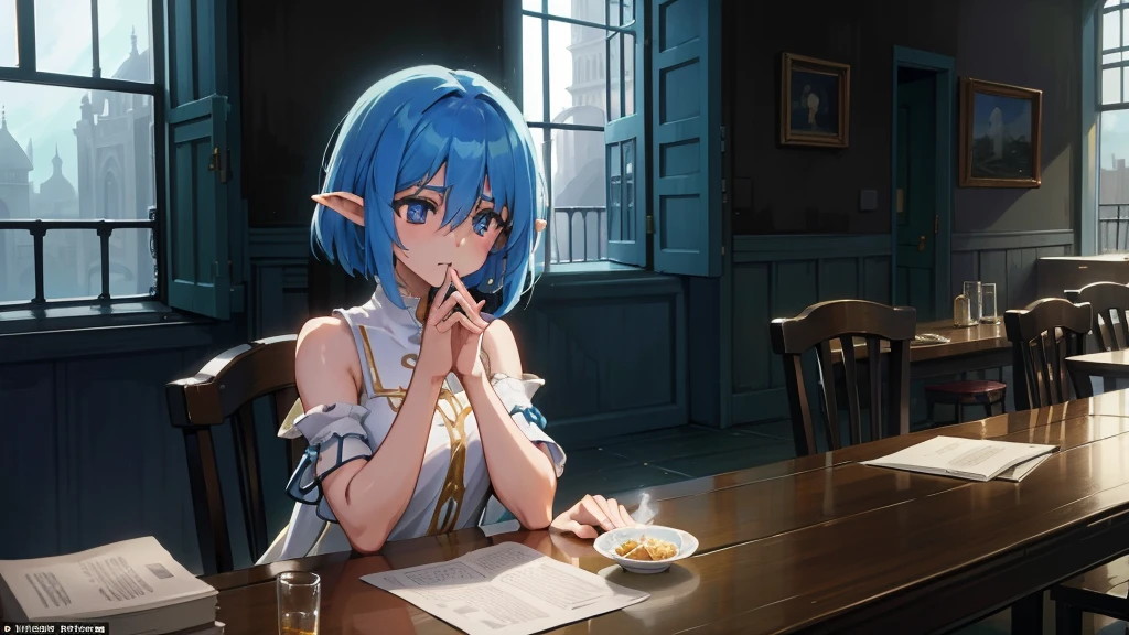 Create an anime and light novel style image of a grand, dilapidated castle room with a worn wooden table in the center. Seated at the table are Aslan, a young male elf with white hair partially covering her eyes and a {slender physique}, and Elizabeth, a tall and {strong half-elf girl} with vibrant blue hair. They are sharing a simple, improvised cake, adding a touch of warmth to the scene. The room, though in ruins, exudes a serene and melancholic atmosphere. Broken windows allow a gentle breeze to flow through, with soft light filtering in, casting a subtle glow that creates a fleeting moment of peace and hope amidst the ruins. Both characters should be dressed in fantasy era attire that complements their features and adds to the overall magical ambiance., 