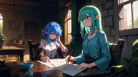 create an anime and light novel style image of a grand, dilapidated castle room with a worn wooden table in the center. seated a...