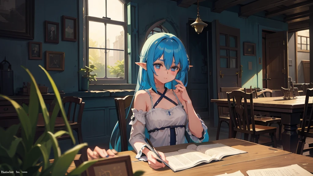 Create an anime and light novel style image of a grand, dilapidated castle room with a worn wooden table in the center. Seated at the table are Aslan, a young male elf with white hair partially covering her eyes and a {slender physique}, and Elizabeth, a tall and {strong half-elf girl} with vibrant blue hair. They are sharing a simple, improvised cake, adding a touch of warmth to the scene. The room, though in ruins, exudes a serene and melancholic atmosphere. Broken windows allow a gentle breeze to flow through, with soft light filtering in, casting a subtle glow that creates a fleeting moment of peace and hope amidst the ruins. Both characters should be dressed in fantasy era attire that complements their features and adds to the overall magical ambiance., 