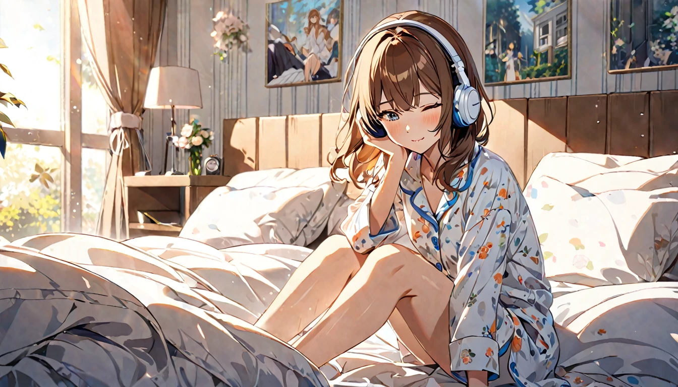 (Brown haired woman wearing headphones), (Listening to background music in the bedroom with the morning light streaming in), (Very detailed, masterpiece, Highest quality, bright), (Anime Style)
background: A bedroom with gentle morning light pouring in: Calm eyes closed, relaxed expression: Pajama Pose: Sitting on the bed、Scene of holding knees: On a quiet morning、Pleasant background music plays
