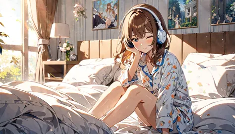 (brown haired woman wearing headphones), (listening to background music in the bedroom with the morning light streaming in), (ve...