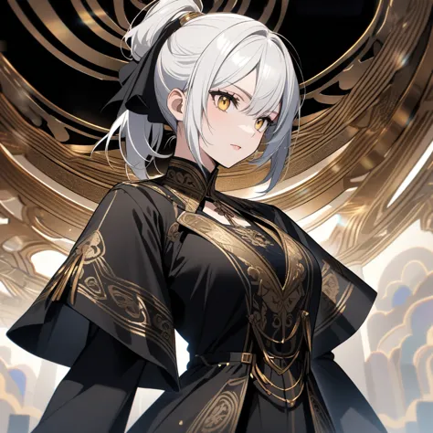 a woman with white hair tied in a ponytail, wearing black Russian-style clothes with blue and gold details