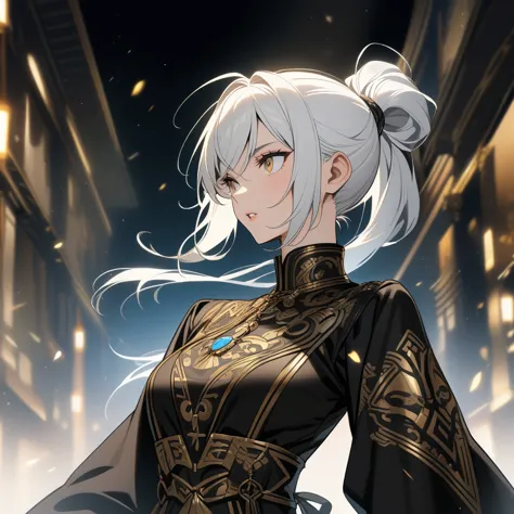 a woman with white hair tied in a ponytail, wearing black Russian-style clothes with blue and gold details