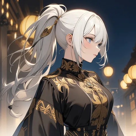 a woman with white hair tied in a ponytail, wearing black Russian-style clothes with blue and gold details