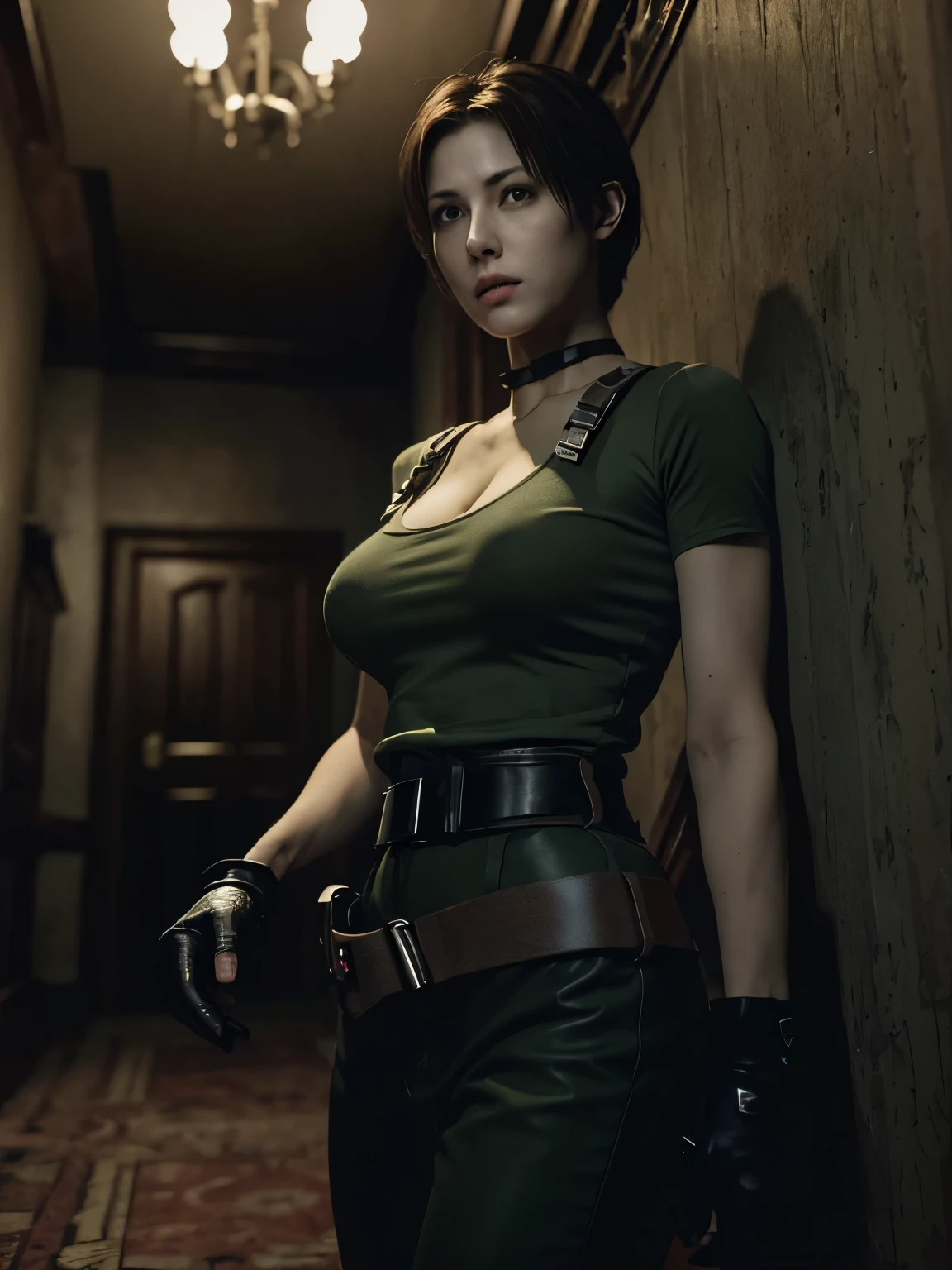 (masterpiece, highest quality:1.2, 8k, Ultra-high resolution), RAW Photos, Professional Lighting, cinematic Lighting, realistic photograph, 1 girl, solo, alone, realistic portrait of Rebecca Chambers, (brown, very short hair style), (ultra slim waist, perfect slim model body), (green short sleeve shirt under white crop top, blue shoulder pads, harness, fingerless gloves, long pants, gun belt, boots), (big eyes, Ultra-realistic double eyelids, Ultra-detailed double eyelids), (((ultra huge breasts, ultra huge cleavages, ultra huge tits, ultra huge boob))), detailed face, detailed eyes, fine eyes, perfect eyes, ultra realistic & ultra detailed skin texture, (resident evil mansion background 1996, ultra realistic interior of spooky hallway corner in resident evil’s mansion, ultra realistic interior of resident evil’s spooky hallway corner, red carpet floor, view spooky forest & moon via window:1.1), (dark atmosphere:1.5), standing, zoom up, close up, (nsfw:1.25), 