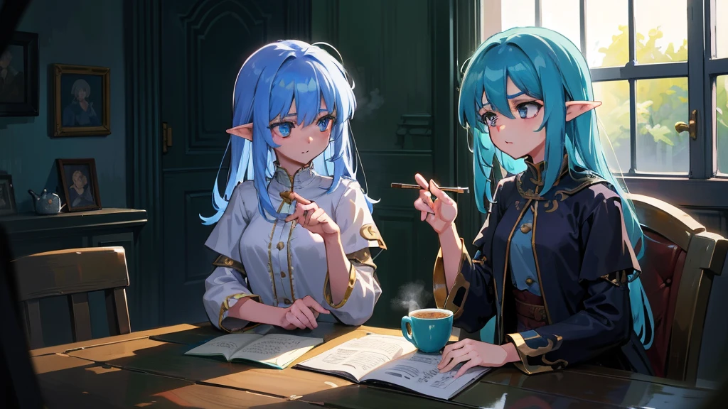 Create an anime and light novel style image of a grand, dilapidated castle room with a worn wooden table in the center. Seated at the table are Aslan, a young male elf with white hair partially covering her eyes and a {slender physique}, and Elizabeth, a tall and {strong half-elf girl} with vibrant blue hair. They are sharing a simple, improvised cake, adding a touch of warmth to the scene. The room, though in ruins, exudes a serene and melancholic atmosphere. Broken windows allow a gentle breeze to flow through, with soft light filtering in, casting a subtle glow that creates a fleeting moment of peace and hope amidst the ruins. Both characters should be dressed in fantasy era attire that complements their features and adds to the overall magical ambiance., 