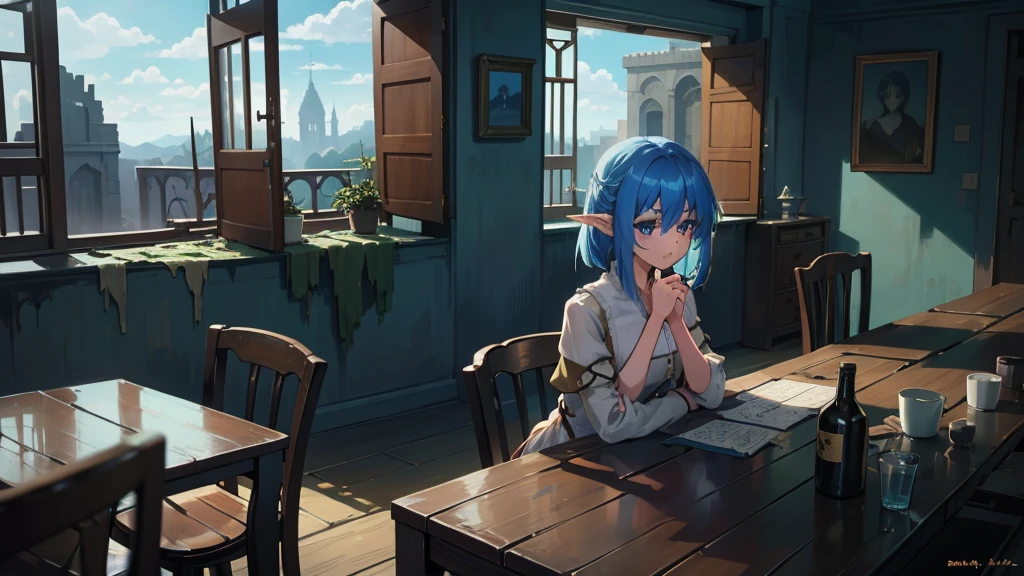 Create an anime and light novel style image of a grand, dilapidated castle room with a worn wooden table in the center. Seated at the table are Aslan, a young male elf with white hair partially covering her eyes and a {slender physique}, and Elizabeth, a tall and {strong half-elf girl} with vibrant blue hair. They are sharing a simple, improvised cake, adding a touch of warmth to the scene. The room, though in ruins, exudes a serene and melancholic atmosphere. Broken windows allow a gentle breeze to flow through, with soft light filtering in, casting a subtle glow that creates a fleeting moment of peace and hope amidst the ruins. Both characters should be dressed in fantasy era attire that complements their features and adds to the overall magical ambiance., 