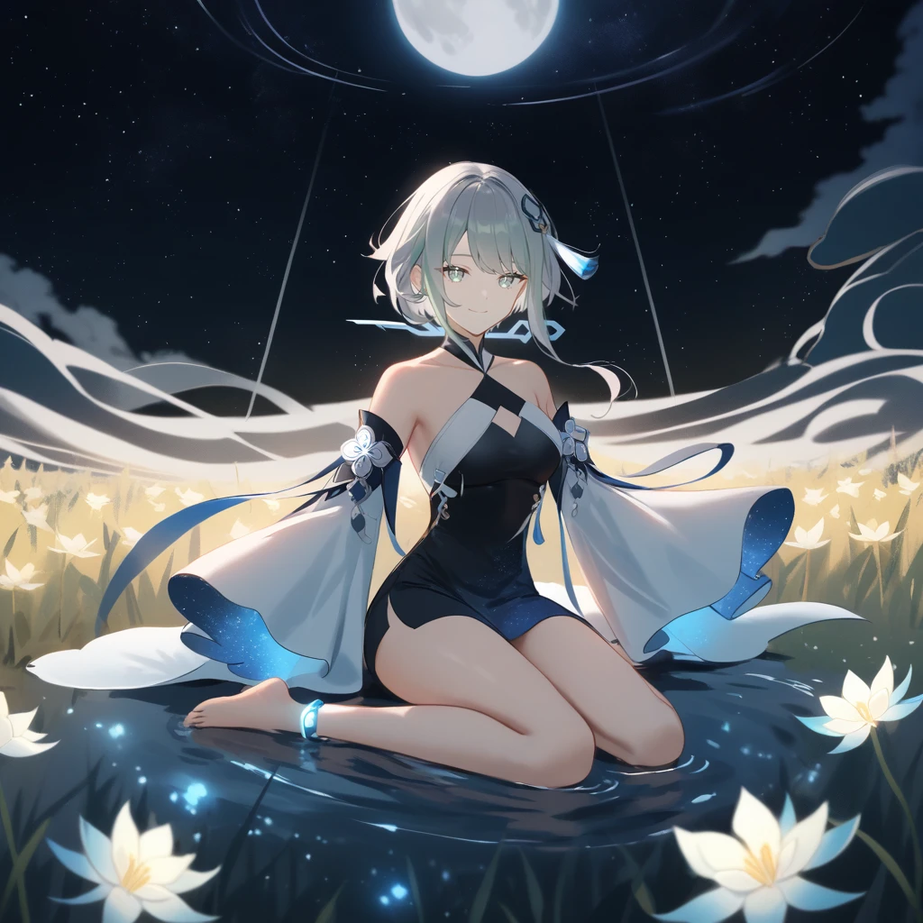 1girl, guizhong_\(genshin_impact\),light grey hair,short_hair_with_long_locks,starry_sky_print,detached_sleeves, long sleeves_past_fingers,hanfu,illustrated by matsuryuu and agahari and dsmile,pale blue eyes,stunning field of softly glowing blue and white glaze lilies,night scene,gentle smile,moonlight,glossy lips,vivid anime coloring,cel shading,smooth, soft dreamy focus,anklet,halter_top,white clothes,highly detailed,digital painting,field of flowers,bare_shoulders,wlop,barefoot,cool night tones, magical night scene,masterpiece, best quality, film, professional, 4k, highly detailed,Guardian nebula of rainbow light and silvery vapor,starry,cosmic,goddess,rich color,hdr,silver moon,

A woman shrouded in mystery, Stand gracefully on the endless shore, Surrounded by shimmering stardust, The bell Creates a faint glow in the haze. Her face, Full of expression and depth
