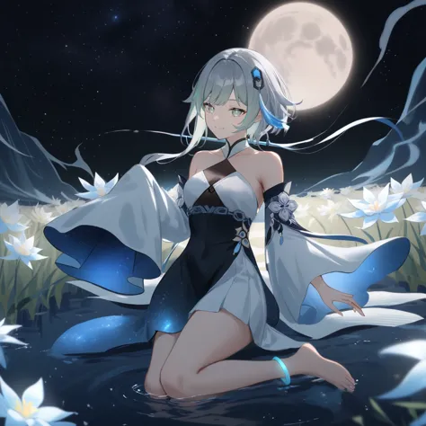 1girl, guizhong_\(genshin_impact\),light grey hair,short_hair_with_long_locks,starry_sky_print,detached_sleeves, long sleeves_pa...