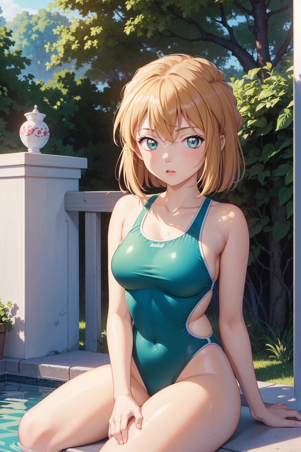 1girl, natural lighting, masterpiece, highly detailed, illustration, game CG, absurdres, high quality, kinomoto sakura, (18 year old girl), (medium breasts), beautiful detailed eyes, glossy lips, natural lighting, short fluffy blonde hair, messy hair, green eyes, sitting, pool edge, one-piece swimsuit