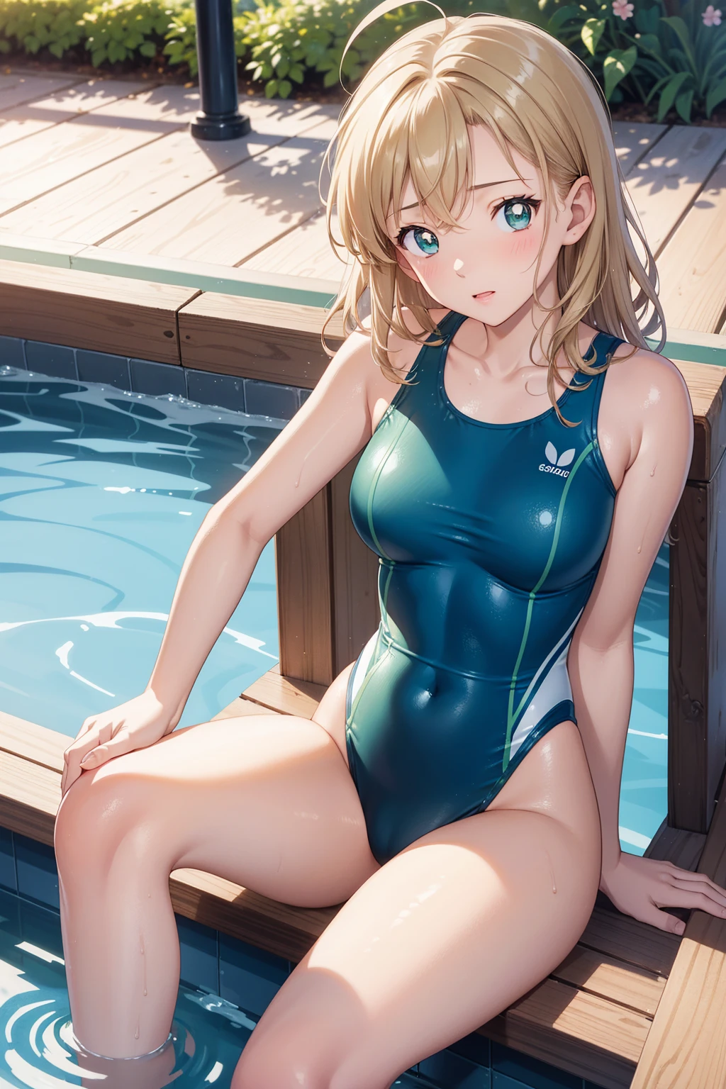 1girl, natural lighting, masterpiece, highly detailed, illustration, game CG, absurdres, high quality, kinomoto sakura, (18 year old girl), (medium breasts), beautiful detailed eyes, glossy lips, natural lighting, short fluffy blonde hair, messy hair, green eyes, sitting, pool edge, one-piece swimsuit