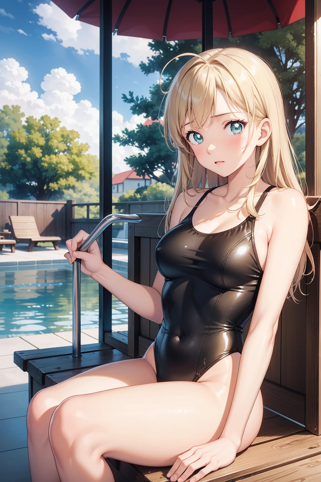 1girl, natural lighting, masterpiece, highly detailed, illustration, game CG, absurdres, high quality, kinomoto sakura, (18 year old girl), (medium breasts), beautiful detailed eyes, glossy lips, natural lighting, short fluffy blonde hair, messy hair, green eyes, sitting, pool edge, one-piece swimsuit