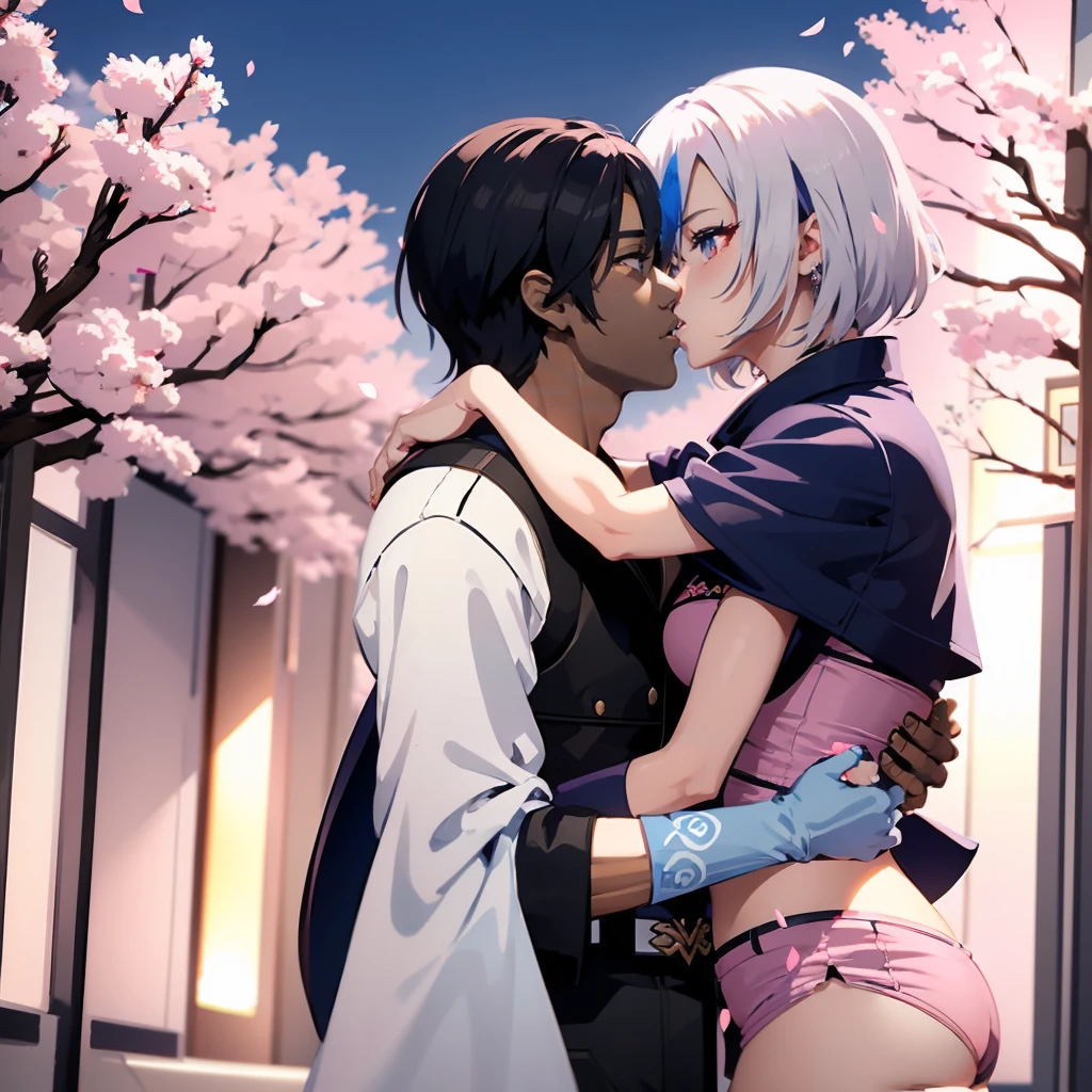 (1boy and 1girl, masterpiece, 16k ultra-fine quality) A Dark skinned young anime man, side swept silver hair, fiery light blue eyes, producing blue fire out of his fist, wearing a blue combat trench coat over a black tank top with black slacks and a chain on the hip, steel necklace with a blue dragon pendant around his neck, with sleeves rolled up to his elbows, sharing a kiss with a cheerful Dark skinned anime girl with long white rabbit ears, cherry blossoms petals  surrounding her, wearing a pink kimono with Sakura flowers printed on it, white fishnet stockings, snow white hair fading to neon pink. gorgeous tan skin, heterochromia with a pink left eye and a blue right eye. Sakura petal tattoos on her cheeks. beautiful sexy anime pose, inspired by Bian Shoumin, official illustration, shigenori soejima illustration, anime portrait of a beautiful girl, heterochromatic eyes, official art, official character illustration, sexy anime girl with mixed white and neon pink short hair, cute girl with bunny ears, official character art, highly detailed exquisite fan art, couple sexy kissing pose