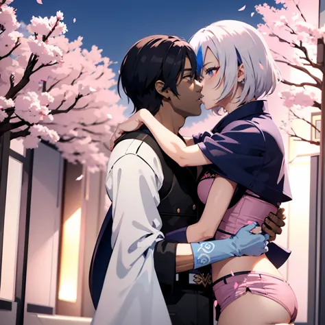 (1boy and 1girl, masterpiece, 16k ultra-fine quality) a dark skinned young anime man, side swept silver hair, fiery light blue e...