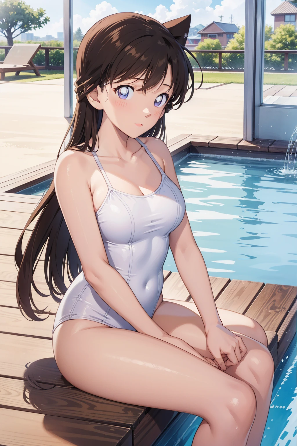 1girl, natural lighting, masterpiece, highly detailed, illustration, game CG, absurdres, high quality, kinomoto sakura, (18 year old girl), (medium breasts), beautiful detailed eyes, glossy lips, natural lighting, long fluffy brown hair, messy hair, sitting, pool edge, one-piece swimsuit