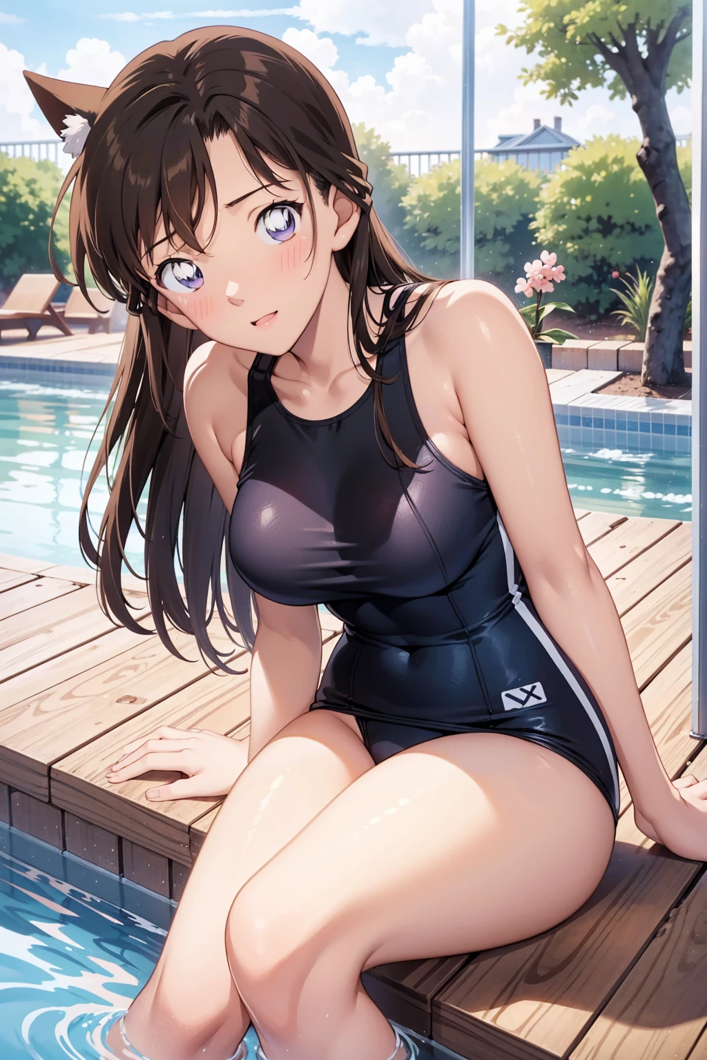 1girl, natural lighting, masterpiece, highly detailed, illustration, game CG, absurdres, high quality, kinomoto sakura, (18 year old girl), (medium breasts), beautiful detailed eyes, glossy lips, natural lighting, long fluffy brown hair, messy hair, sitting, pool edge, one-piece swimsuit