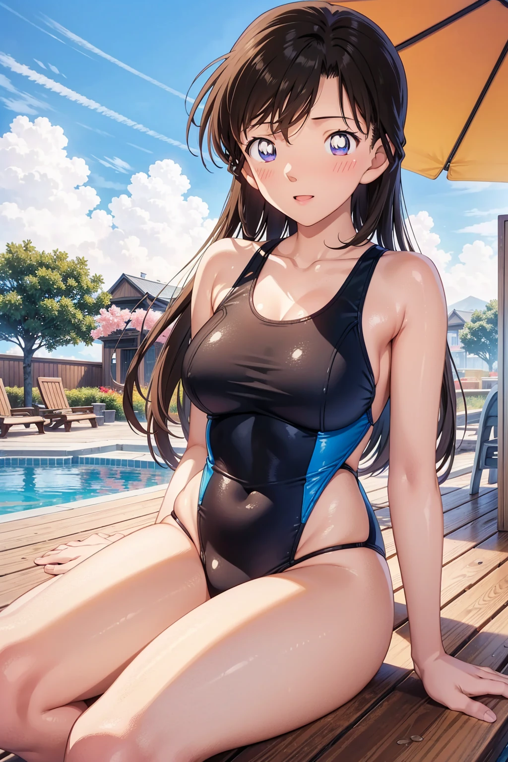 1girl, natural lighting, masterpiece, highly detailed, illustration, game CG, absurdres, high quality, kinomoto sakura, (18 year old girl), (medium breasts), beautiful detailed eyes, glossy lips, natural lighting, long fluffy brown hair, messy hair, sitting, pool edge, one-piece swimsuit