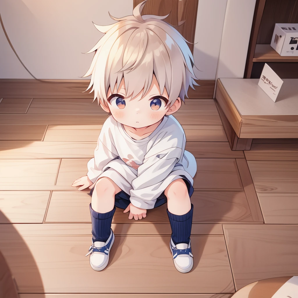 Cute  sitting looking at the floor he's a chibi boy 