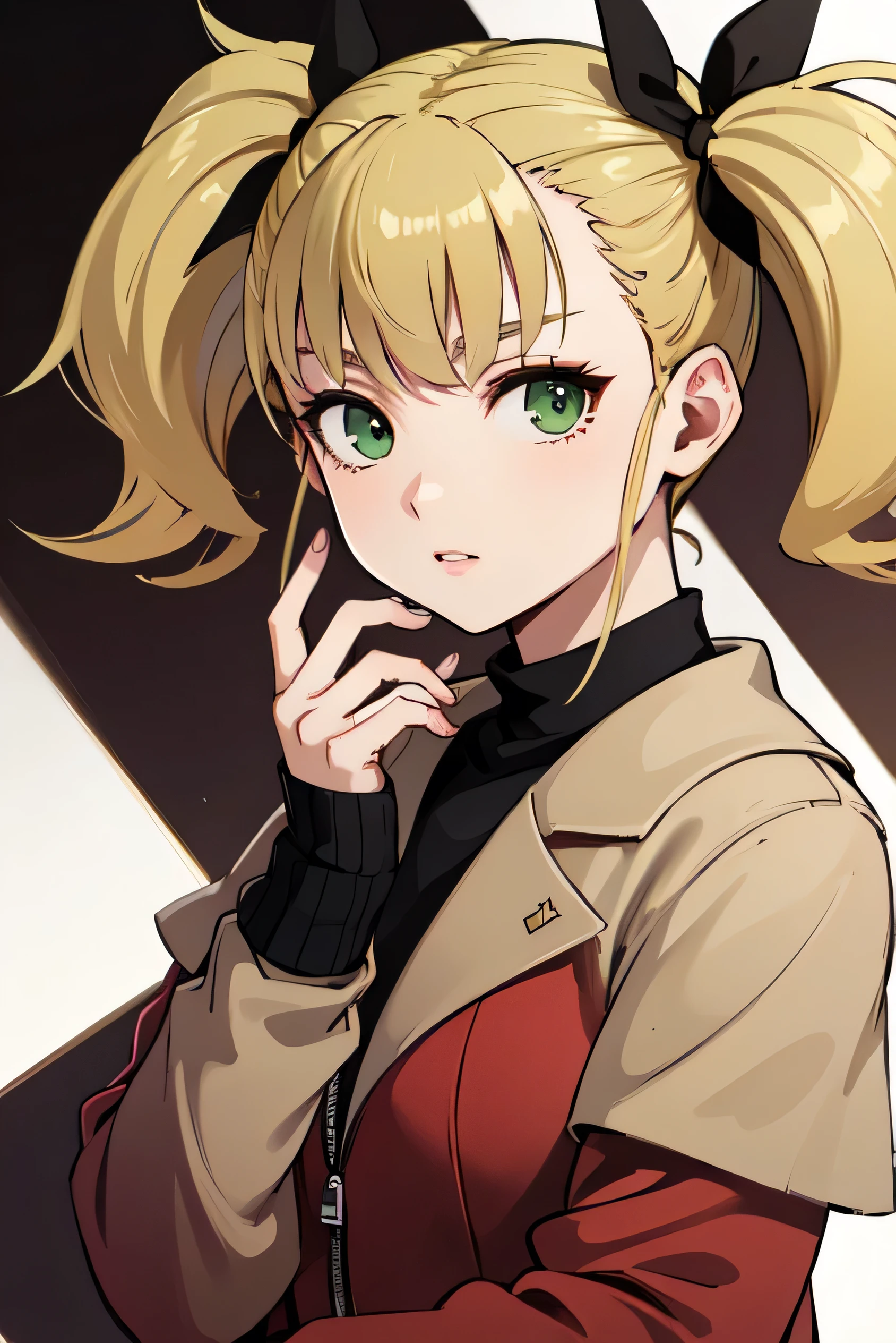 ((Highest quality)), ((masterpiece)), (detailed), Perfect Face. Asian. blonde. Twin tails. Black Ribbon. Green Eyes. Casual clothing.