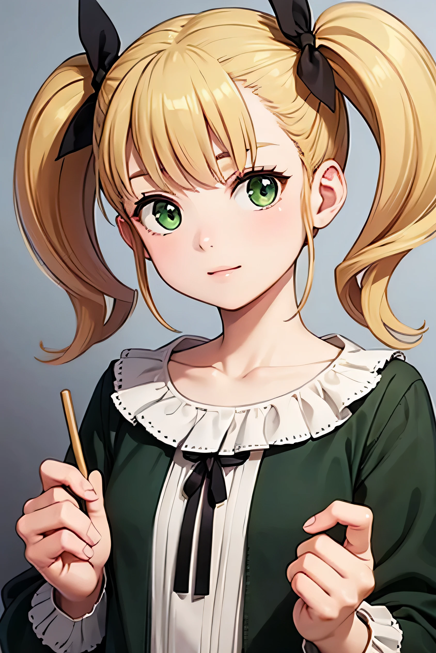 ((Highest quality)), ((masterpiece)), (detailed), Perfect Face. Asian. blonde. Twin tails. Black Ribbon. Green Eyes. Casual clothing.solo