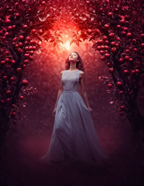 4k ultrarealistic, high detail photo of a woman, in a mysterious heavenly enviroment with red apple trees, ambient lighting, 5gp...