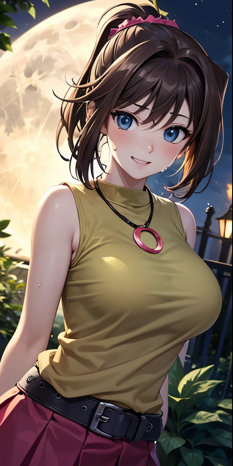 1 Female,High definition,high resolution,Ultra-realistic,8K, 8K, bbmazaki, ponytail, hair scrunchie, blue eyes,((yellow shirt)), necklace,sleeveless, bracelet, belt, pink skirt, tight skirt, miniskirt,European,sexy,Upper body close-up,Photographed from the front,Dynamic Angles,(blush), big tits , happy, wink the eye,facial, sweat, outdoors, moonlight, night ,leaf , windy,tree background 