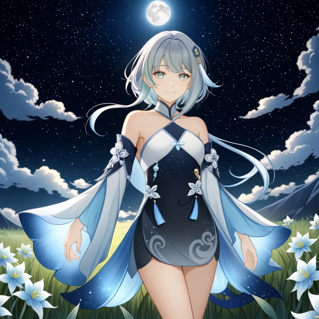 1girl, guizhong_\(genshin_impact\),light grey hair,short_hair_with_long_locks,starry_sky_print,detached_sleeves, long sleeves_past_fingers,hanfu,illustrated by matsuryuu and agahari and dsmile,pale blue eyes,stunning field of softly glowing blue and white glaze lilies,night scene,gentle smile,moonlight,glossy lips,vivid anime coloring,cel shading,smooth, soft dreamy focus,anklet,halter_top,white clothes,highly detailed,digital painting,field of flowers,bare_shoulders,wlop,barefoot,cool night tones, magical night scene,masterpiece, best quality, film, professional, 4k, highly detailed,Guardian nebula of rainbow light and silvery vapor,starry,cosmic,goddess,rich color,hdr,silver moon,

A woman shrouded in mystery, Stand gracefully on the endless shore, Surrounded by shimmering stardust, The bell Creates a faint glow in the haze. Her face, Full of expression and depth
