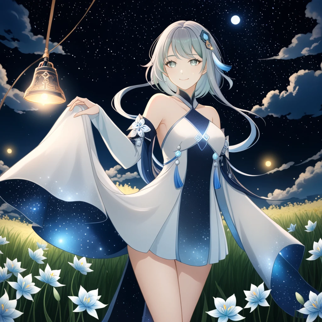 1girl, guizhong_\(genshin_impact\),light grey hair,short_hair_with_long_locks,starry_sky_print,detached_sleeves, long sleeves_past_fingers,hanfu,illustrated by matsuryuu and agahari and dsmile,pale blue eyes,stunning field of softly glowing blue and white glaze lilies,night scene,gentle smile,moonlight,glossy lips,vivid anime coloring,cel shading,smooth, soft dreamy focus,anklet,halter_top,white clothes,highly detailed,digital painting,field of flowers,bare_shoulders,wlop,barefoot,cool night tones, magical night scene,masterpiece, best quality, film, professional, 4k, highly detailed,Guardian nebula of rainbow light and silvery vapor,starry,cosmic,goddess,rich color,hdr,silver moon,

A woman shrouded in mystery, Stand gracefully on the endless shore, Surrounded by shimmering stardust, The bell Creates a faint glow in the haze. Her face, Full of expression and depth
