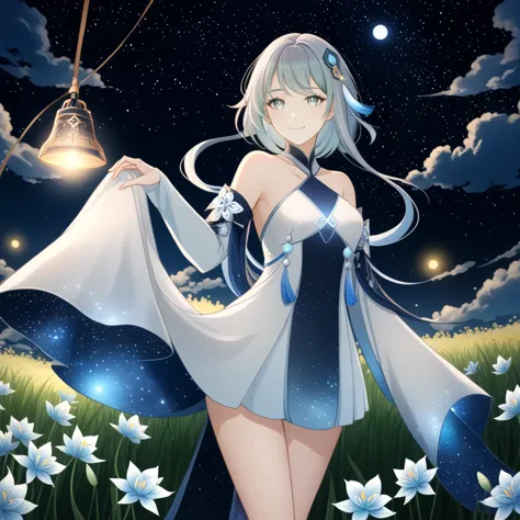 1girl, guizhong_\(genshin_impact\),light grey hair,short_hair_with_long_locks,starry_sky_print,detached_sleeves, long sleeves_pa...