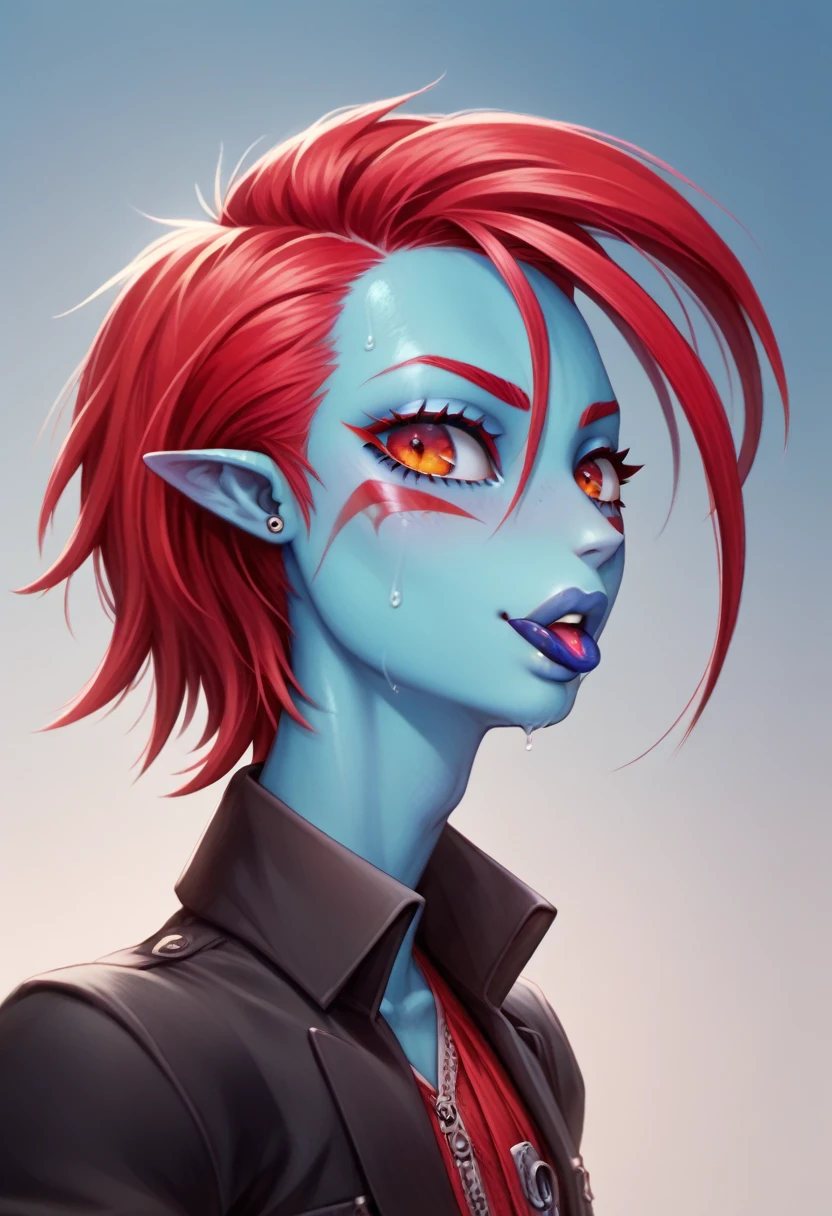 Oc,na’vi, a alien blue skin skinny buff femboy man wearing black trench-coat with a red mark on the bust,red hair,thick, in an 90’s style. Licking his lips, He’s androgynous , including some weapons and a sensual , cool expression. Sweating.The scene has a cool,sweet,sexual,stargate style and a vibrant tone. Modern setting in the background 