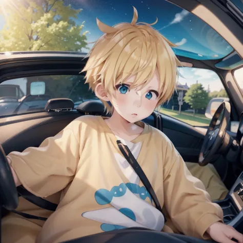 anime boy with blonde hair and blue eyes laying in a car, anime boy, kawacy, cute anime face, cute anime, cute natural anime fac...