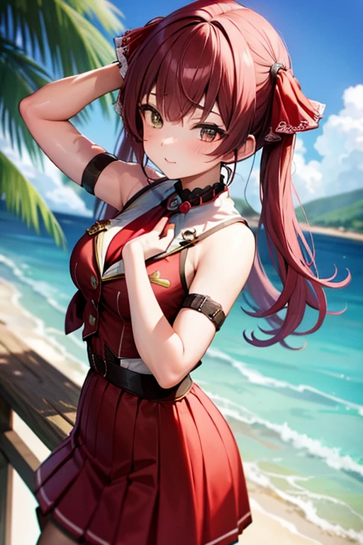 pirate ship、Summer Sea、Brown Hair、Twin tails、Odd Eye、Tie your hair with a red ribbon、Pirate outfit、Houshou Marine、Captain Marine、