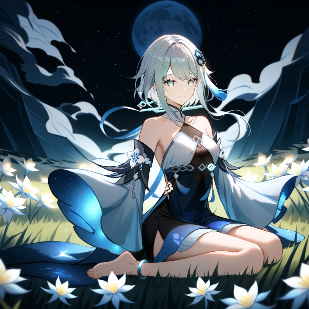 1girl, guizhong_\(genshin_impact\),light grey hair,short_hair_with_long_locks,starry_sky_print,detached_sleeves, long sleeves_past_fingers,hanfu,illustrated by matsuryuu and agahari and dsmile,pale blue eyes,stunning field of softly glowing blue and white glaze lilies,night scene,gentle smile,moonlight,glossy lips,vivid anime coloring,cel shading,smooth, soft dreamy focus,anklet,halter_top,white clothes,highly detailed,digital painting,field of flowers,bare_shoulders,wlop,barefoot,cool night tones, magical night scene,masterpiece, best quality, film, professional, 4k, highly detailed,Guardian nebula of rainbow light and silvery vapor,starry,cosmic,goddess,rich color,hdr,silver moon,

A woman shrouded in mystery, Stand gracefully on the endless shore, Surrounded by shimmering stardust, The bell Creates a faint glow in the haze. Her face, Full of expression and depth
