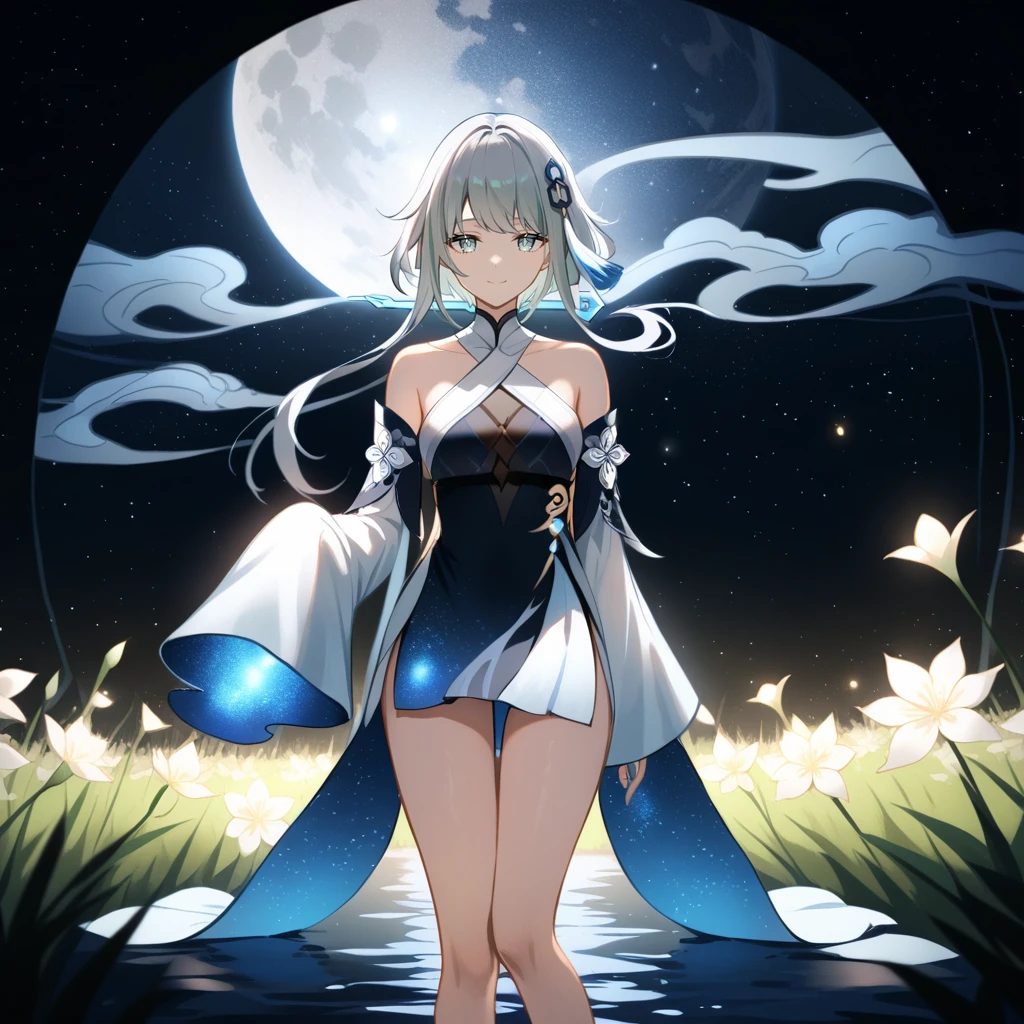 1girl, guizhong_\(genshin_impact\),light grey hair,short_hair_with_long_locks,starry_sky_print,detached_sleeves, long sleeves_past_fingers,hanfu,illustrated by matsuryuu and agahari and dsmile,pale blue eyes,stunning field of softly glowing blue and white glaze lilies,night scene,gentle smile,moonlight,glossy lips,vivid anime coloring,cel shading,smooth, soft dreamy focus,anklet,halter_top,white clothes,highly detailed,digital painting,field of flowers,bare_shoulders,wlop,barefoot,cool night tones, magical night scene,masterpiece, best quality, film, professional, 4k, highly detailed,Guardian nebula of rainbow light and silvery vapor,starry,cosmic,goddess,rich color,hdr,silver moon,

A woman shrouded in mystery, Stand gracefully on the endless shore, Surrounded by shimmering stardust, The bell Creates a faint glow in the haze. Her face, Full of expression and depth
