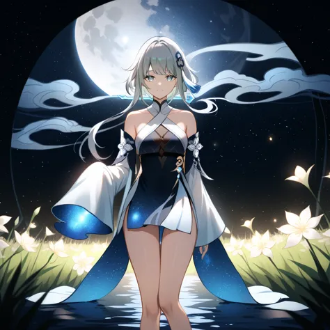 1girl, guizhong_\(genshin_impact\),light grey hair,short_hair_with_long_locks,starry_sky_print,detached_sleeves, long sleeves_pa...