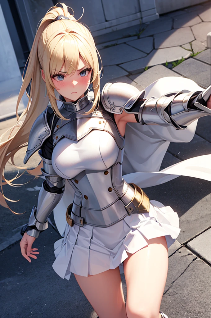 Highest quality, masterpiece, Ultra-high resolution, (Reality: 1.4), Original photo, 3d models & 3d anime, battlefield background, white skirt, blonde hair, female knight armor, white armor, White knight armor, long hair, bangs, white cloak, standing position, white underwear, white panties, skirt turned up, panty shots, blushing, glaring, medium length skirt, pounce pose, Blonde, ponytail, White knight armor, White Skirt, White Cape, White underwear, White panties, Skirt flipped up, Panty shot, blush, Glaring
