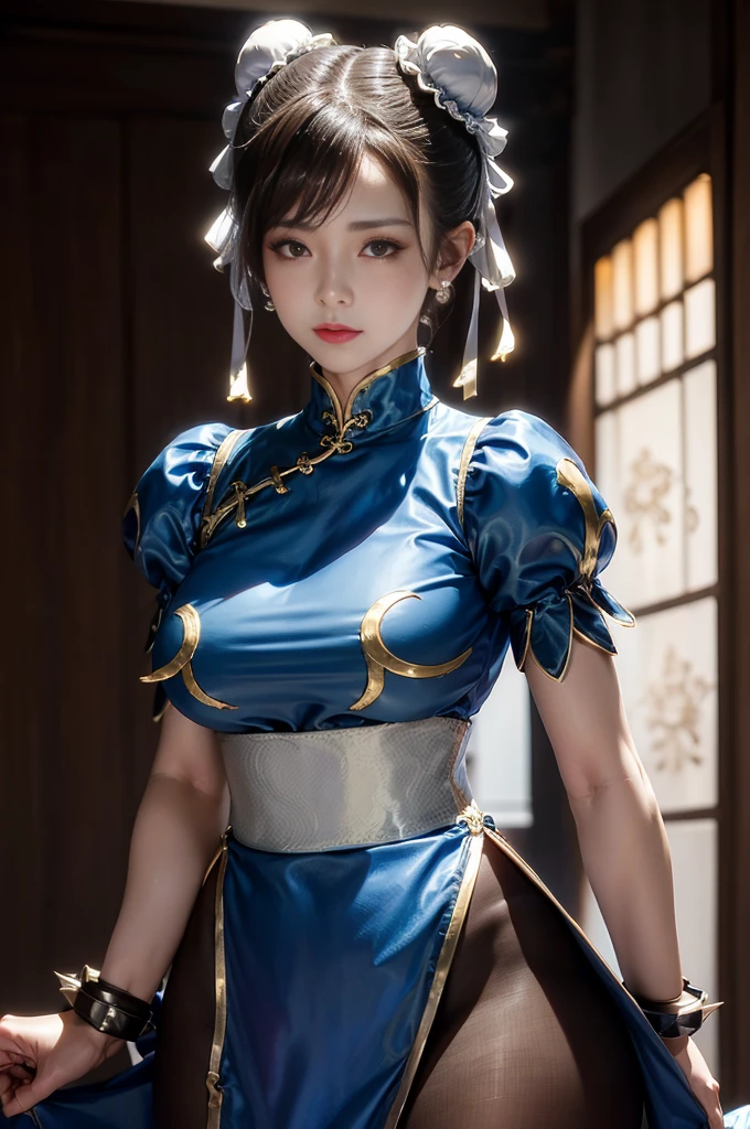 Chun-Li from Street Fight II,The perfect Chun-Li costume,Blue Chinese dress with gold lines,Bun Head,Good cover,Fighting Pose,masterpiece、1 beautiful girl、Fine Eyes、Puffy eyes、highest quality, 超High resolution, (reality: 1.4), Cinema Lighting、Japanese、Asian Beauty、Korean、so beautiful、Beautiful Skin、Body facing forward、Face close-up、(超reality的な)、(High resolution)、(8k)、(Very detailed)、(美しくFine Eyes)、(Very detailed)、 (wall-)、Detailed face、Bright lighting、Professional Lighting、Looking at the audience、Look straight ahead、Diagonal bangs、Nogizaka Idol、Korean Idol、masterpiece, highest quality, masterpiece, highest quality, Perfect Face, Perfect brown eyes with white sclera, Bad move -5, alone, 1 girl, Upper Body, Brown Hair, From SF2, Chinese Language Services, smile, Muscular woman, Blue clothes, pantyhose, Pelvic Curtain, Puff short sleeves, Good cover, sash, evaluation:safety， huge breasts， pantyhose
