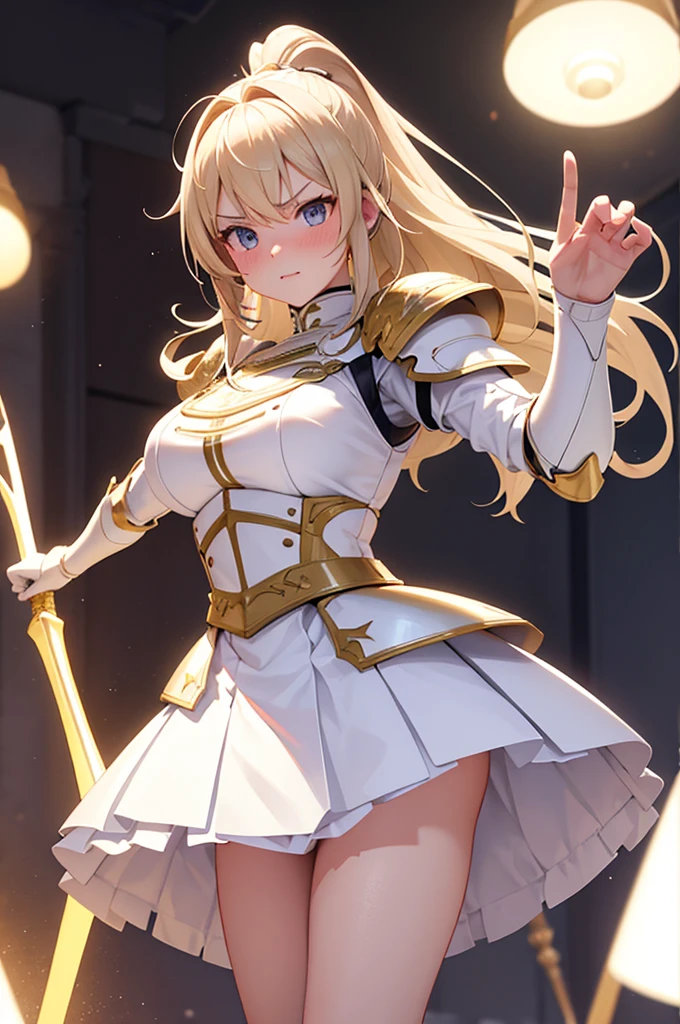 Highest quality, masterpiece, Ultra-high resolution, (Reality: 1.4), Original photo, 3d models & 3d anime, battlefield background, white skirt, blonde hair, female knight armor, white armor, White knight armor, long hair, bangs, white cloak, standing position, white underwear, white panties, skirt turned up, panty shots, blushing, glaring, medium length skirt, pounce pose, Blonde, ponytail, White knight armor, White Skirt, White Cape, White underwear, White panties, Skirt flipped up, Panty shot, blush, Glaring
