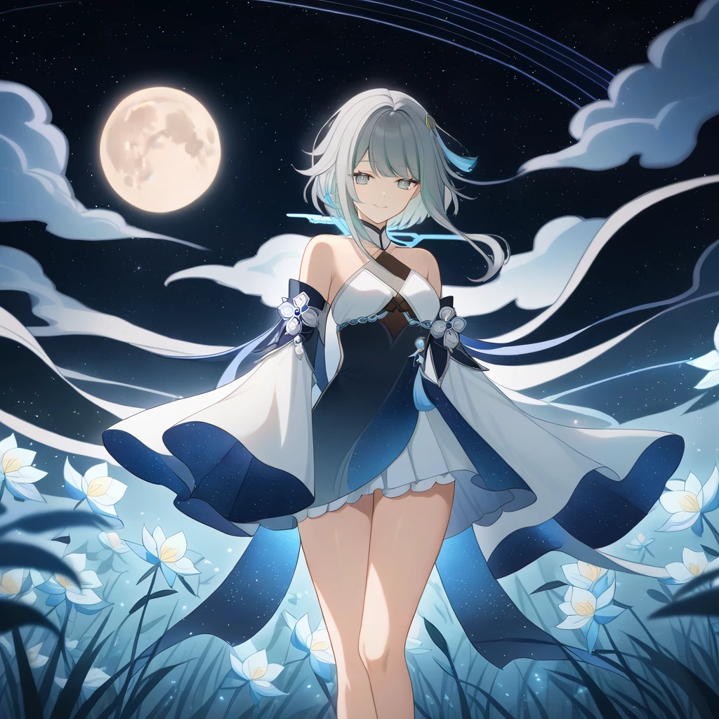 1girl, guizhong_\(genshin_impact\),light grey hair,short_hair_with_long_locks,starry_sky_print,detached_sleeves, long sleeves_past_fingers,hanfu,illustrated by matsuryuu and agahari and dsmile,pale blue eyes,stunning field of softly glowing blue and white glaze lilies,night scene,gentle smile,moonlight,glossy lips,vivid anime coloring,cel shading,smooth, soft dreamy focus,anklet,halter_top,white clothes,highly detailed,digital painting,field of flowers,bare_shoulders,wlop,barefoot,cool night tones, magical night scene,masterpiece, best quality, film, professional, 4k, highly detailed,Guardian nebula of rainbow light and silvery vapor,starry,cosmic,goddess,rich color,hdr,silver moon,

A woman shrouded in mystery, Stand gracefully on the endless shore, Surrounded by shimmering stardust, The bell Creates a faint glow in the haze. Her face, Full of expression and depth
