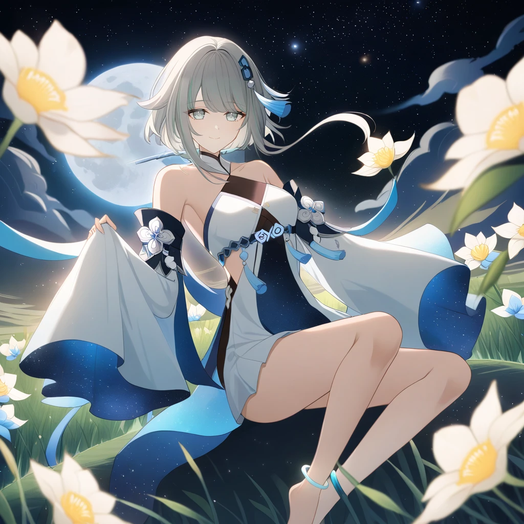 1girl, guizhong_\(genshin_impact\),light grey hair,short_hair_with_long_locks,starry_sky_print,detached_sleeves, long sleeves_past_fingers,hanfu,illustrated by matsuryuu and agahari and dsmile,pale blue eyes,stunning field of softly glowing blue and white glaze lilies,night scene,gentle smile,moonlight,glossy lips,vivid anime coloring,cel shading,smooth, soft dreamy focus,anklet,halter_top,white clothes,highly detailed,digital painting,field of flowers,bare_shoulders,wlop,barefoot,cool night tones, magical night scene,masterpiece, best quality, film, professional, 4k, highly detailed,Guardian nebula of rainbow light and silvery vapor,starry,cosmic,goddess,rich color,hdr,silver moon,

A woman shrouded in mystery, Stand gracefully on the endless shore, Surrounded by shimmering stardust, The bell Creates a faint glow in the haze. Her face, Full of expression and depth
