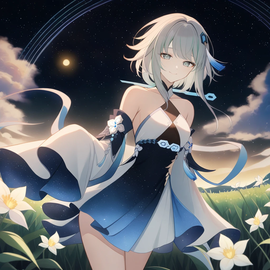 1girl, guizhong_\(genshin_impact\),light grey hair,short_hair_with_long_locks,starry_sky_print,detached_sleeves, long sleeves_past_fingers,hanfu,illustrated by matsuryuu and agahari and dsmile,pale blue eyes,stunning field of softly glowing blue and white glaze lilies,night scene,gentle smile,moonlight,glossy lips,vivid anime coloring,cel shading,smooth, soft dreamy focus,anklet,halter_top,white clothes,highly detailed,digital painting,field of flowers,bare_shoulders,wlop,barefoot,cool night tones, magical night scene,masterpiece, best quality, film, professional, 4k, highly detailed,Guardian nebula of rainbow light and silvery vapor,starry,cosmic,goddess,rich color,hdr,silver moon,

A woman shrouded in mystery, Stand gracefully on the endless shore, Surrounded by shimmering stardust, The bell Creates a faint glow in the haze. Her face, Full of expression and depth
