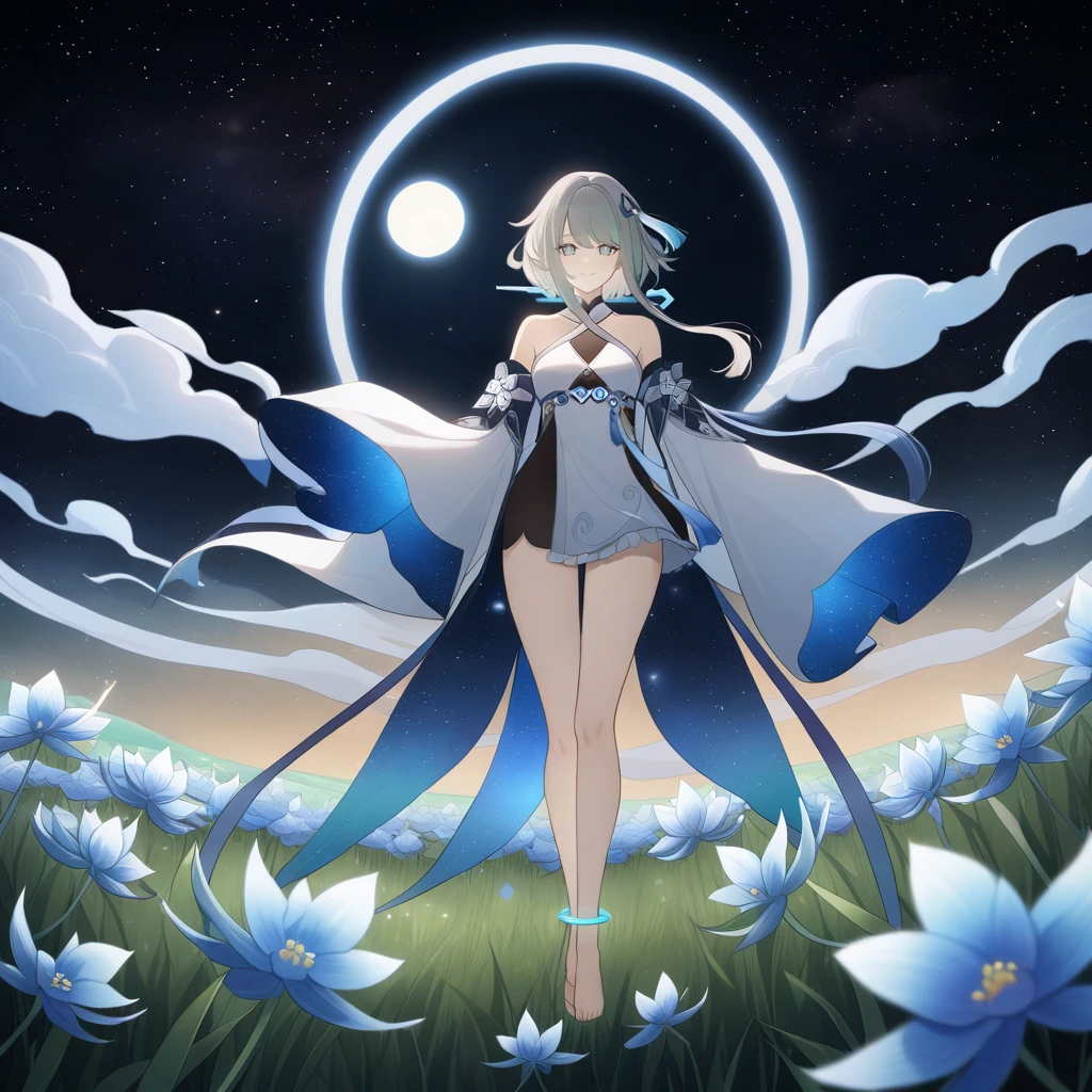 1girl, guizhong_\(genshin_impact\),light grey hair,short_hair_with_long_locks,starry_sky_print,detached_sleeves, long sleeves_past_fingers,hanfu,illustrated by matsuryuu and agahari and dsmile,pale blue eyes,stunning field of softly glowing blue and white glaze lilies,night scene,gentle smile,moonlight,glossy lips,vivid anime coloring,cel shading,smooth, soft dreamy focus,anklet,halter_top,white clothes,highly detailed,digital painting,field of flowers,bare_shoulders,wlop,barefoot,cool night tones, magical night scene,masterpiece, best quality, film, professional, 4k, highly detailed,Guardian nebula of rainbow light and silvery vapor,starry,cosmic,goddess,rich color,hdr,silver moon,

A woman shrouded in mystery, Stand gracefully on the endless shore, Surrounded by shimmering stardust, The bell Creates a faint glow in the haze. Her face, Full of expression and depth
