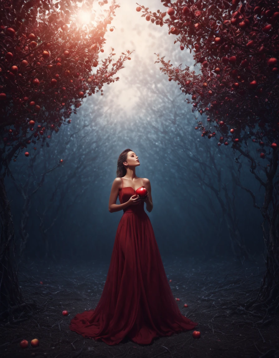 4k ultrarealistic, high detail photo of a woman, in a mysterious heavenly enviroment with red apple trees, cinematic lighting, 5GPstyle 