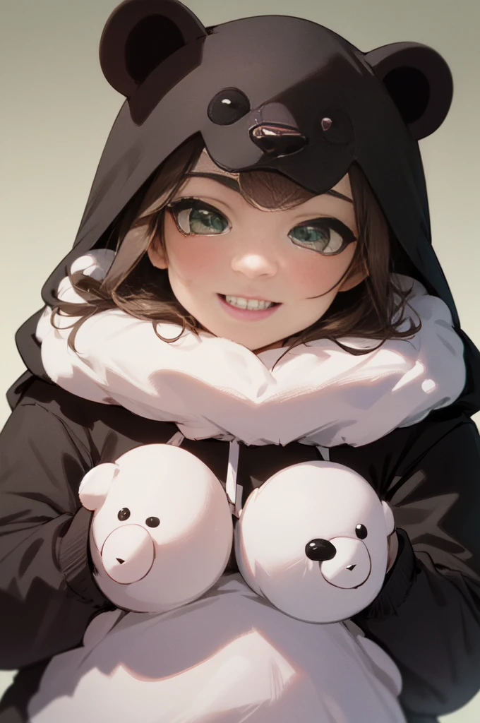 beautiful, (masterpiece), Highest quality, (extremely detailed face), extremely detailed eyes,  Perfect lighting, 全体detailed, detailed, Deep Skin,Textured skin,
,bear costume ,black bear costume, Long sleeve, Wearing a hood,,mallow , Long Hair, Green Eyes, Big smile、
,Background is white