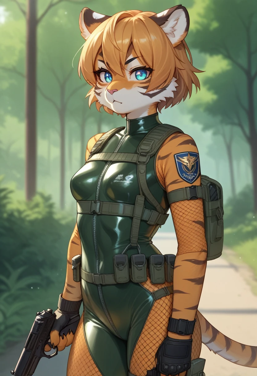 score_9, score_8_up) score_7_up, score_6_up, solo, tiger, kemono, anthro, cute, short hair, blue eyes, white pupils, sexy pose, orange fur, tactical harness, assassin girl, mesh body suit, tactical gloves, latex, small breasts, outside, pistol, 