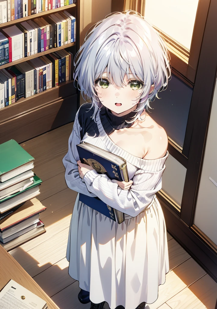 fuukakikuchi, fuuka kikuchi, short hair, bangs, Hair between the eyes, (Green Eyes:1.3),smile,Open your mouth,Grey Hair,One-shoulder sweater,Long skirt,Black pantyhose,short boots,Holding a book in both arms,Bookshelf,There are many books piled up on the table,whole bodyがイラストに入るように,
break indoors, figure書館,
break looking at viewer,whole body,
break (masterpiece:1.2), Highest quality, High resolution, unity 8k wallpaper, (figure:0.8), (Beautiful attention to detail:1.6), Highly detailed face, Perfect lighting, Highly detailed CG, (Perfect hands, Perfect Anatomy),